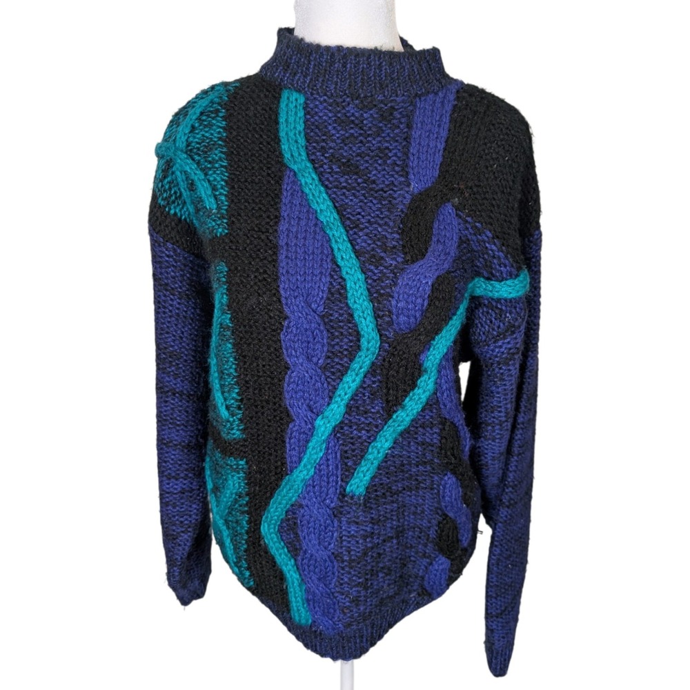 Vintage 80s City Streets Purple Aqua Black Cable Knit Sweater Small Retro Mock
